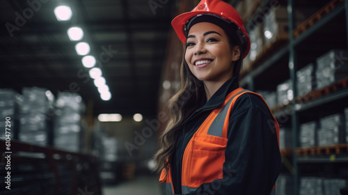 young adult multiethnic multiracial woman wearing safety helmet and safety vest in a warehouse with high racks, long brunette hair, smiling,