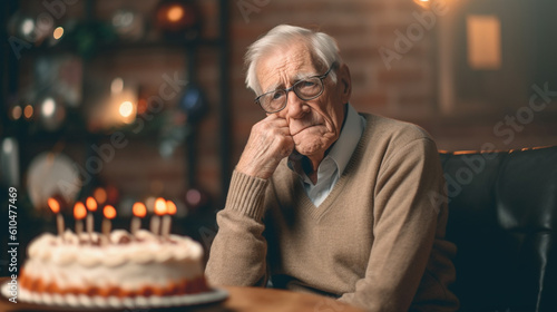 a sad or depressed or angry grandpa, old man on birthday, on a chair at a table with a birthday cake photo