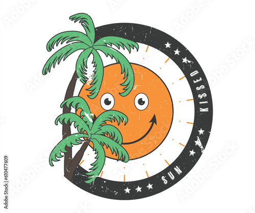 Sunkissed vintage Sunset and sunrise summer Vacation vector design with cauple of Palm tree. Beautiful summer background design collection Can be print on Sticker, Mug, T-Shirt and so on photo