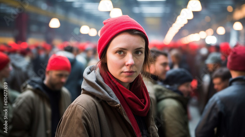 young adult woman or teenager, working in a production hall, cramped and crowded, poverty or forced labor, mass production or food production, low wage, job and working, profession with minimum wage