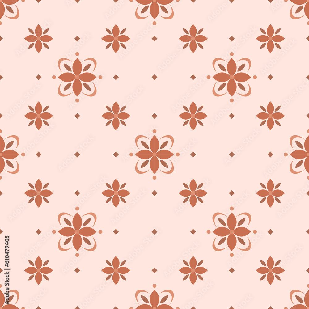 In this seamless pattern, arrangement of large and small orange flowers arranged alternately on an orange background. And decorated with orange diamonds, looks beautiful and refined. In this seamless pattern, arrangement of large and small orange flowers arranged alternately on an orange background. And decorated with orange diamonds, looks beautiful and refined.