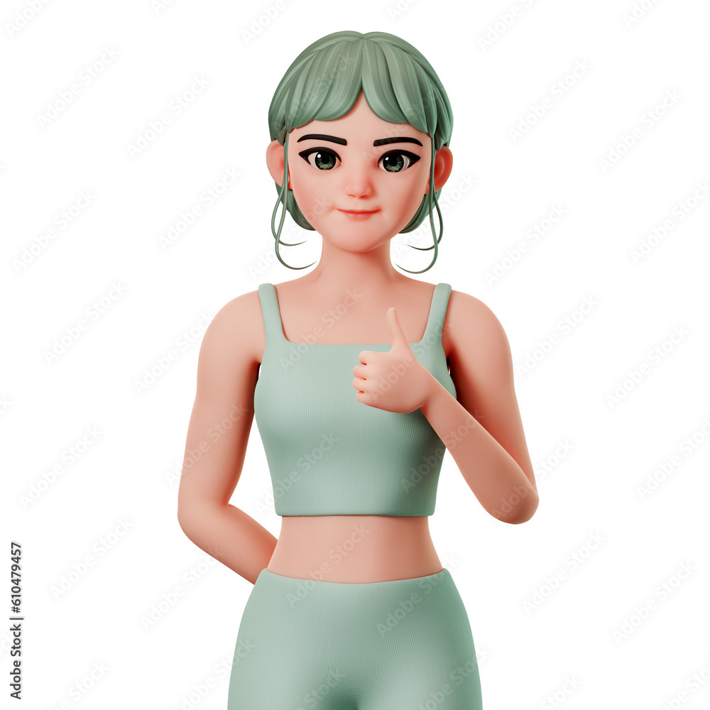 Sport Girl Character Showing Thumbs up gesture with Right hand, 3D Character Render Illustration Sport Girl Character Showing Thumbs up gesture with Right hand, 3D Character Render Illustration