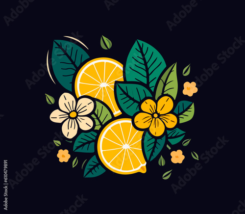 lemons, flowers and leaves