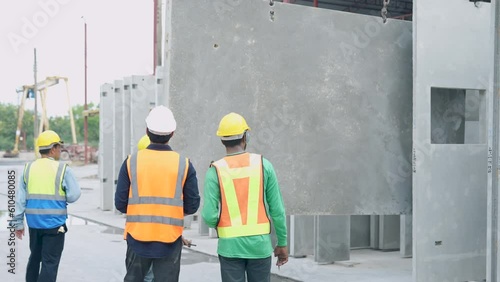 Architects and engineers plan and discuss construction plans at construction site.