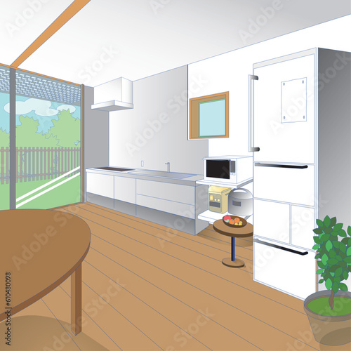 大きな窓のあるダイニングキッチンのベクターイラスト