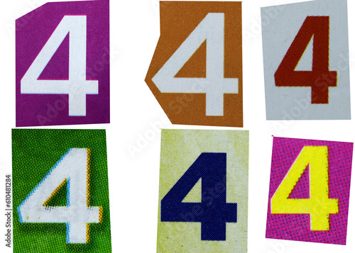 Number 4 magazine cut out font, ransom letter, isolated collage elements for text alphabet, ransom note