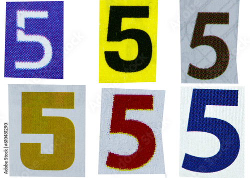 Number 5 magazine cut out font, ransom letter, isolated collage elements for text alphabet, ransom note
