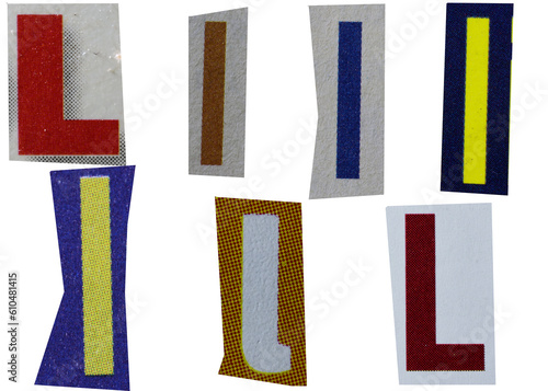 Letter l magazine cut out font, ransom letter, isolated collage elements for text alphabet, ransom note