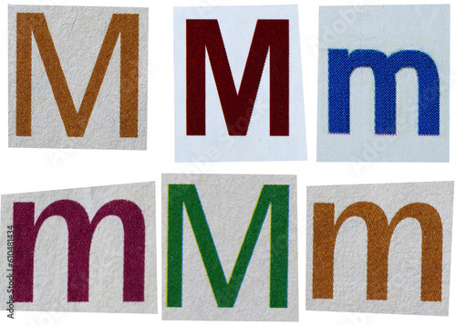 Letter m magazine cut out font, ransom letter, isolated collage elements for text alphabet, ransom note