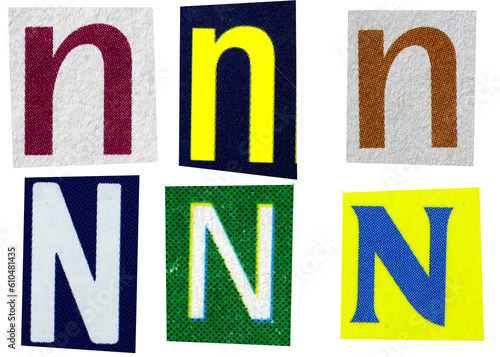 Letter n magazine cut out font, ransom letter, isolated collage elements for text alphabet, ransom note