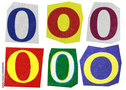 Letter o magazine cut out font, ransom letter, isolated collage elements for text alphabet, ransom note