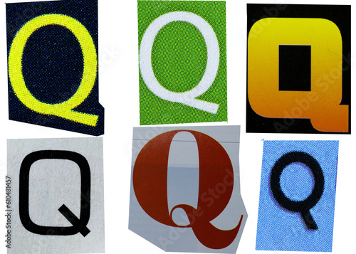 Letter q magazine cut out font, ransom letter, isolated collage elements for text alphabet, ransom note