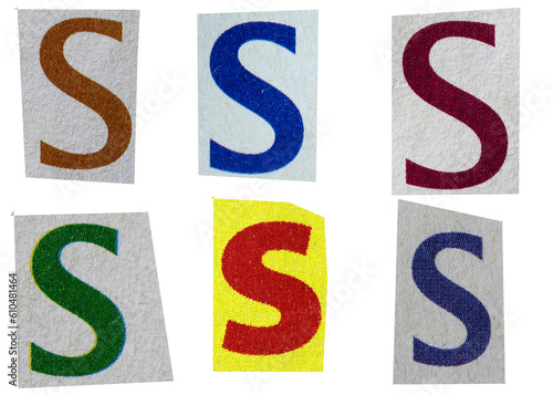 Letter s magazine cut out font, ransom letter, isolated collage elements for text alphabet, ransom note