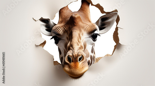 girafa olhando para cima no lado de papel de buraco rasgado isolado