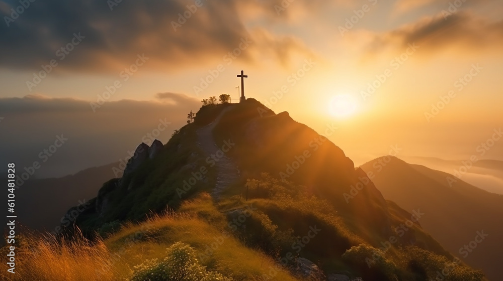 crucifixo em alto da montanha em lindo por do sol, jesus cristo vivo 