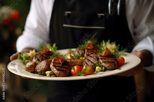 waiter serving tray with food Generative AI