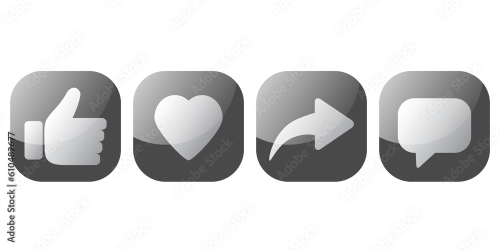 Set of social media icons with modern design. Like, thumbs up, love, heart, share, comment Set of social media icons with modern design. Like, thumbs up, love, heart, share, comment