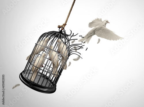 Vászonkép Breaking Boundaries and freedom concept as a bird escaping a cage with imprisone