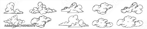 Vector illustration of cartoon style clouds on white background.