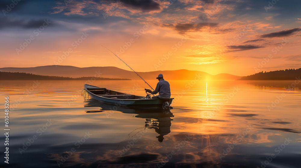 fishing on a lake at sunrise.Generative Ai