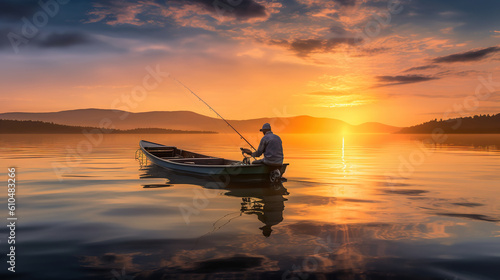 fishing on a lake at sunrise.Generative Ai