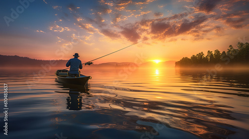 fishing on a lake at sunrise.Generative Ai