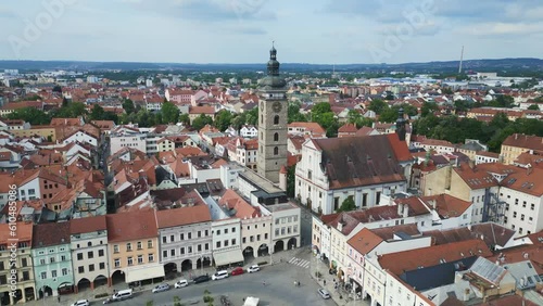 Wallpaper Mural old Tower at the historic market square. Gorgeous aerial top view flight in
Budweis Budejovice old town in Czech Republic, summer of 2023. panorama orbit drone
4K uhd footage. Torontodigital.ca