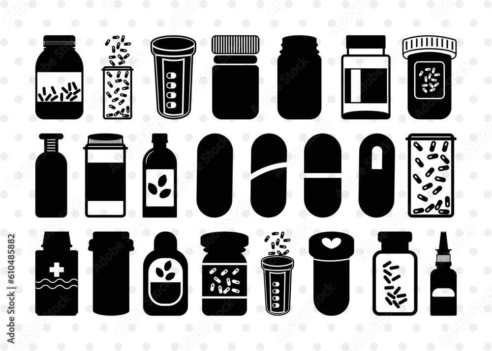 Stockvector Pill Bottle Silhouette, Pill Bottle SVG, Pain Killer Svg