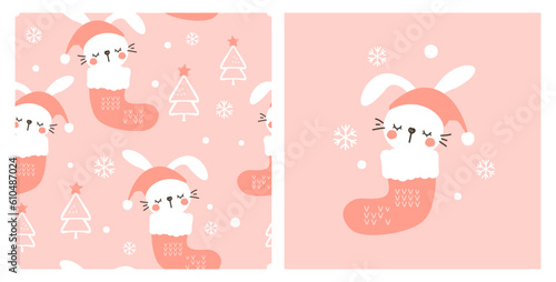 Christmas or New year seamless pattern with bunny cartoons, red socks, snowflakes and Christmas tree on pink background vector illustration. Christmas card with rabbit cartoon.