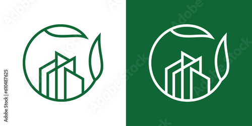 logo design leaf and building minimalist line icon vector illustration