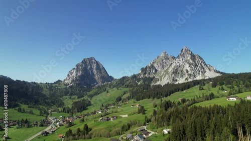 Aerial view of the countryside in the alps in Switzerland with Mount Grosser Mythen and Brunni in the background