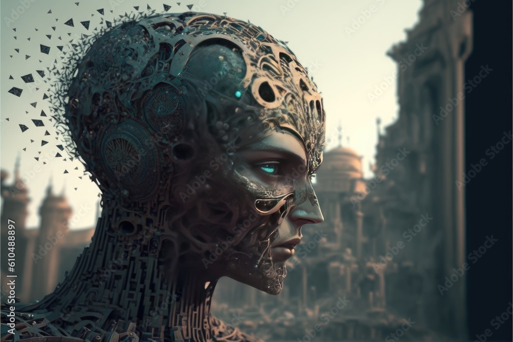 Cyborg with human head with city background. AI theme art. Cyborg with human head with city background. AI theme art.