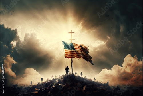 American flag with cross over sunlight breaking through in sky with clouds