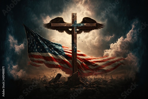 American flag with cross and angel wings with clouds in background