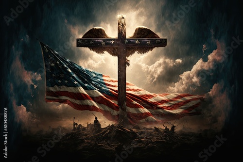 American flag and cross with eagle wings. Cloudy sky background.