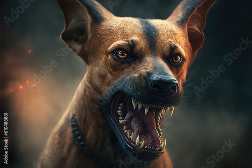Portrait of rabid dog showing teeth. Close up. Realistic portrait. photo
