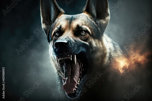 Angry dog portrait with fire and smoke background. Realistic portrait. Close up.