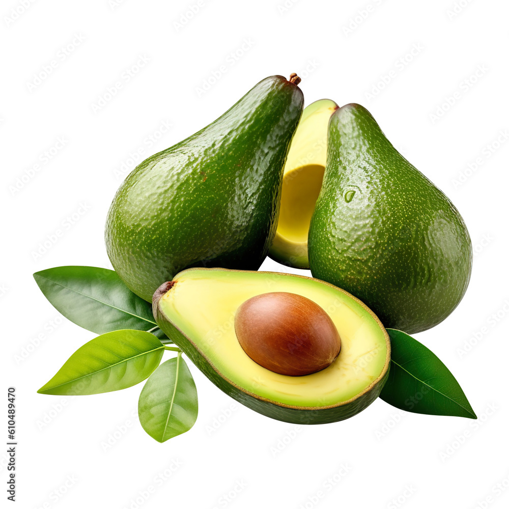 Whole and half fresh avocado fruits isolated on transparent background, png created with Generative AI, Clipping Path Whole and half fresh avocado fruits isolated on transparent background, png created with Generative AI, Clipping Path