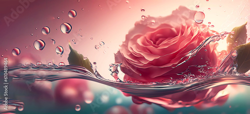Pink rose in blue water. Rose close-up. Wallpaper. Banner. generated by AI