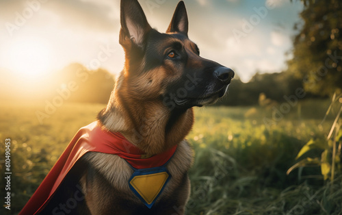 Generative AI image of a german shepherd dressed as a super hero