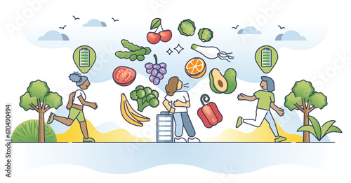 Nutrient deficiencies as lack of vegetable vitamin intake outline concept. Calcium, iron and omega shortage for tired and exhausted feeling vector illustration. Check eating habits for healthy effect