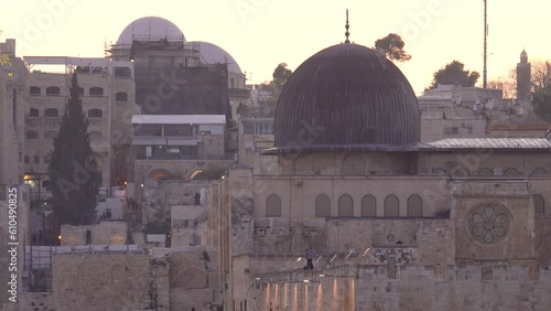 Islamic Site Of Al-Aqsa Mosque During Daytime In The Old City Of Jerusalem In Palestine. aerial, zoom-out photo