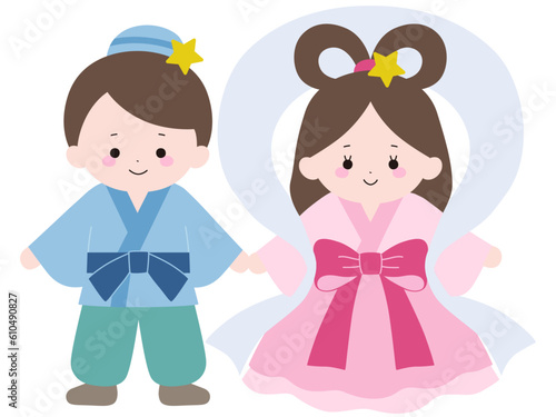 手をつなぐ織姫と彦星・七夕素材