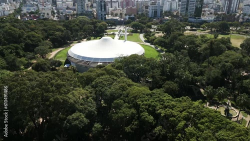 Aerial Drone Fly Above Parque da Redenção Porto Alegre Araujo Vianna Auditorium in Daylight, Brazilian Farroupilha Park photo