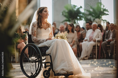 bride in wheelchair during wedding ceremony. Generative AI