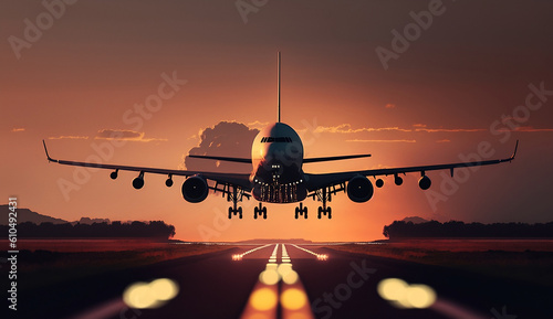 airplane landing on airport runway, illustration, Generative AI