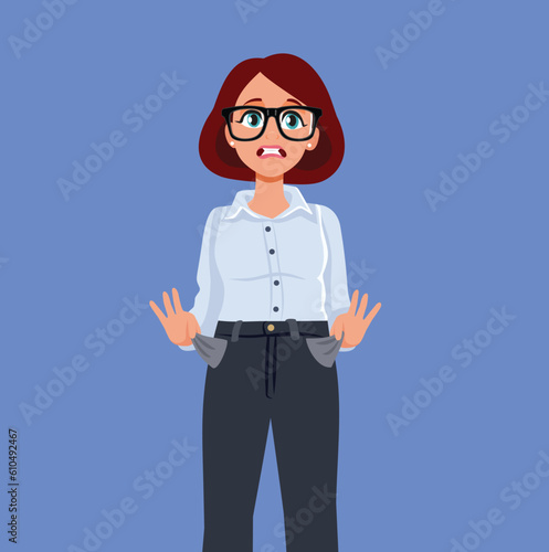 Broke Businesswoman Having no Money in her Pockets Vector Cartoon illustration. Moneyless corporate worker feeling concerned 
