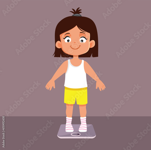 Little Girl on a Scale Weighing Herself Vector Cartoon Illustration. Child healthy development measured in weight gains by age
