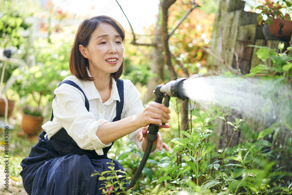 ガーデニングをする日本人女性 ガーデニングをする日本人女性