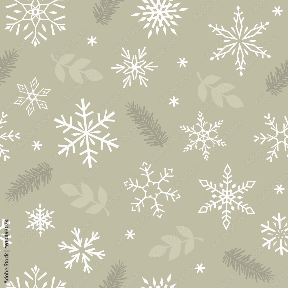 Seamless vector pattern with snowflakes, leaves, and spruce. Green drawn illustration background. For fabrics, wrapping paper, and wallpapers. Seamless vector pattern with snowflakes, leaves, and spruce. Green drawn illustration background. For fabrics, wrapping paper, and wallpapers.